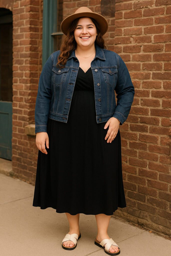 a smiling woman wearing a black plus size maxi dress with a dark rinse wash denim jacket
