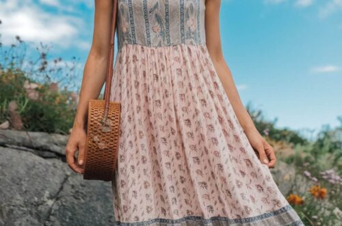 woman wearing a boho maxi sundress with a hand bag