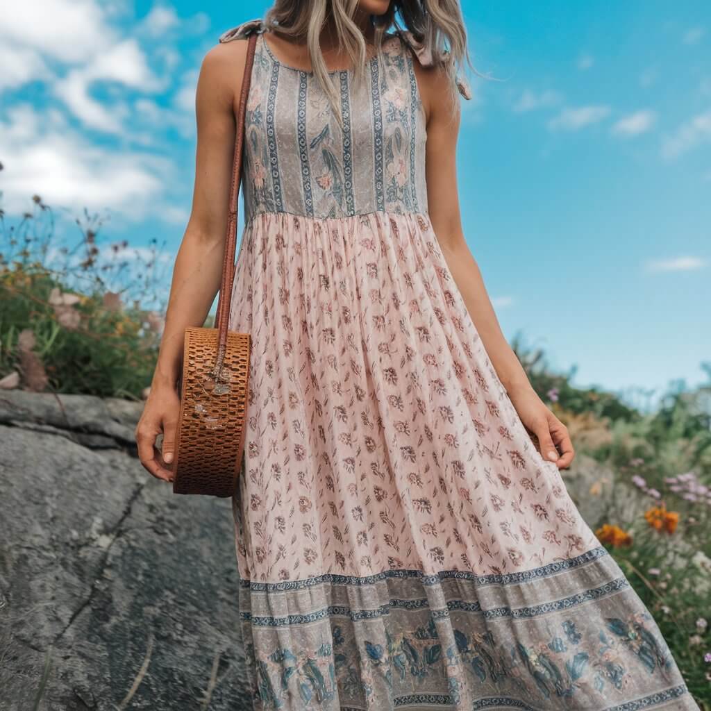 woman wearing a boho maxi sundress with a hand bag
