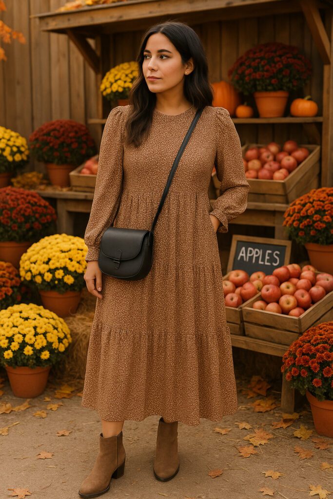 a woman wearing a flowy Boho fall dress at an apple market