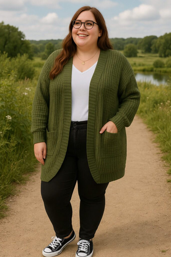 a woman wearing a plus size olive green cardigan and black skinny jeans on a nature trail