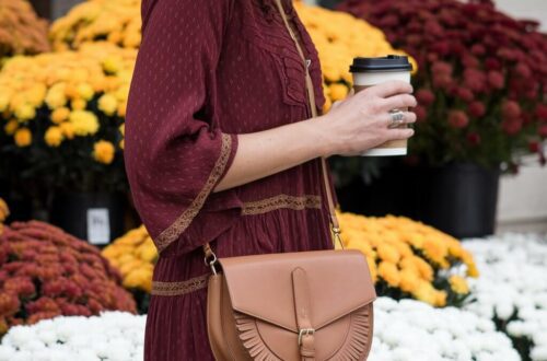 a woman in a three-quarter sleeves wine red modest dress at autumn time