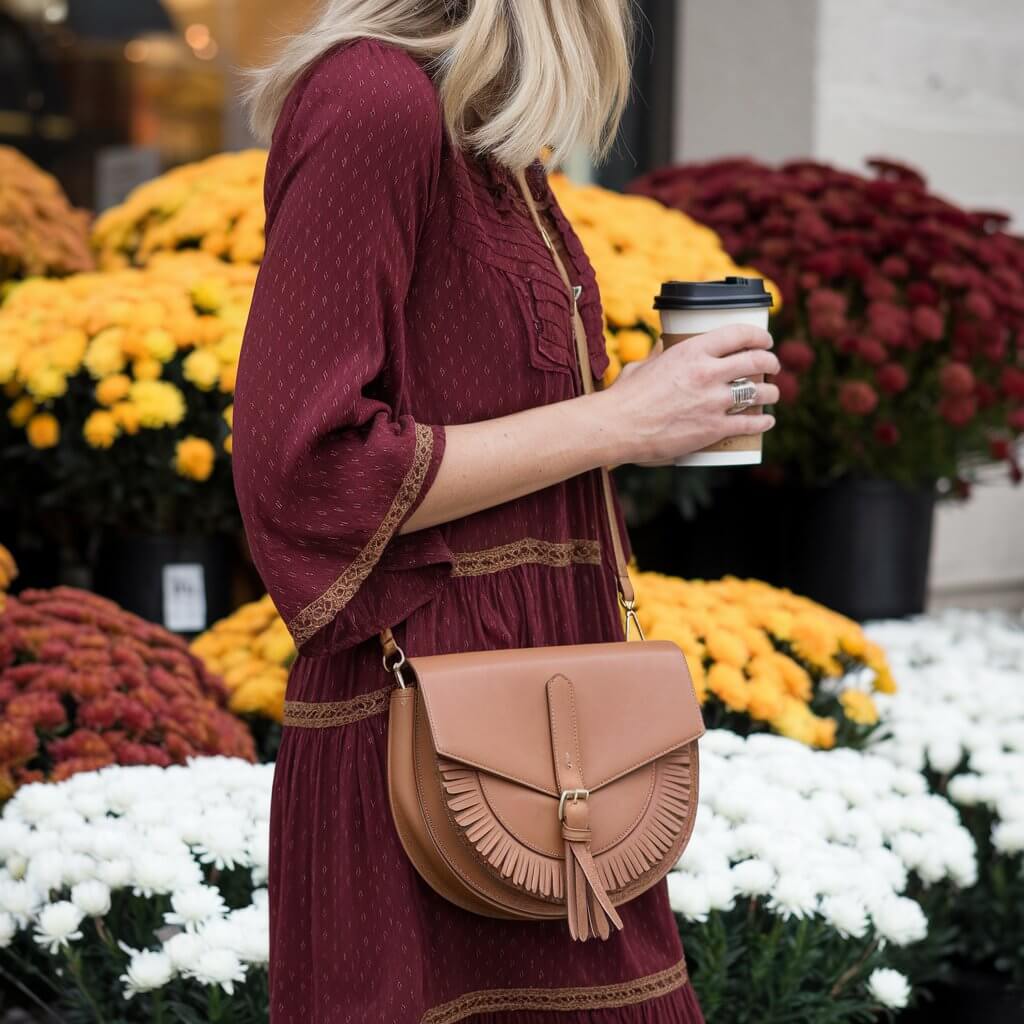 a woman in a three-quarter sleeves wine red modest dress at autumn time