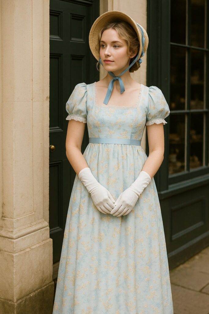a woman wearing a gold embroidered Regency era dress with a bonnet standing in front of a storefront