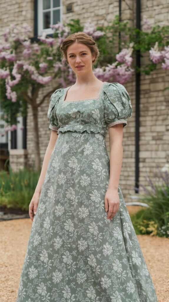 a woman wearing a green pearl puff floral Regency dress standing in front of a brick building