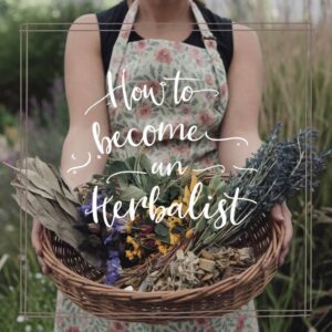 an herbalist holding a basket of herbs with text that says how to become an herbalist