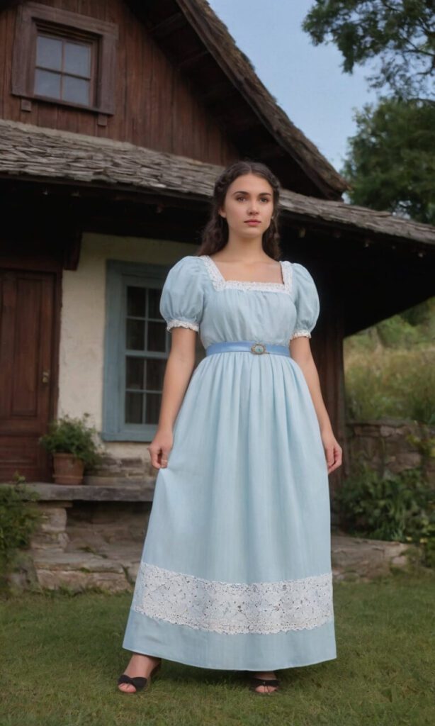 a woman wearing a light blue Regency era empire waist dress standing in front of a cottage