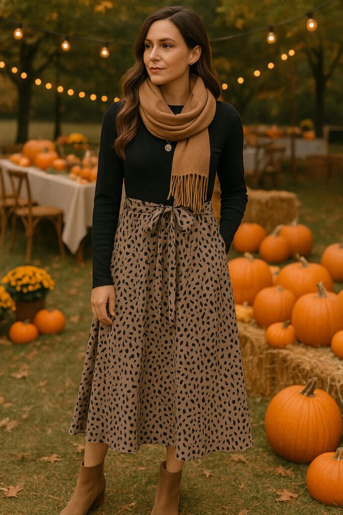 a woman wearing a long sleeve brown modest fall dress at a fall festival