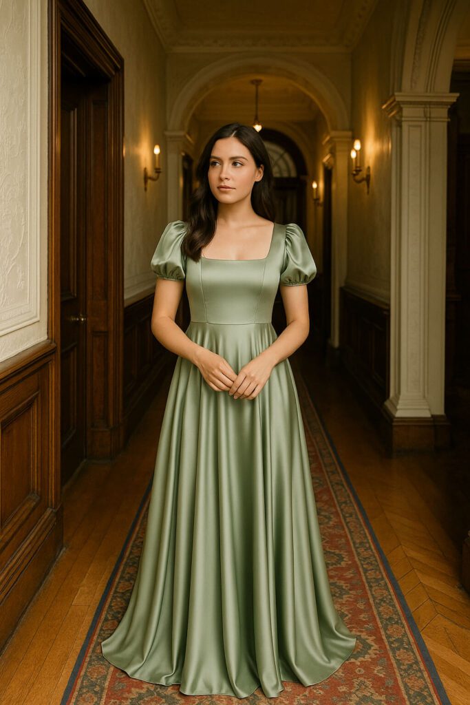 a woman wearing a mint green Regency era dress standing in the hallway of a British mansion