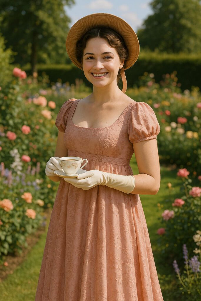 a woman wearing a pink floral Regency dress with gloves holding a tea cup in a flower garden