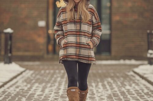 a woman wearing a plaid hoodie, beanie and tall boots walking down a brick street