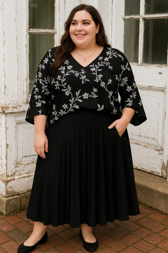 a plus size woman wearing a 3/4 sleeve black floral tunic with a black pleated skirt