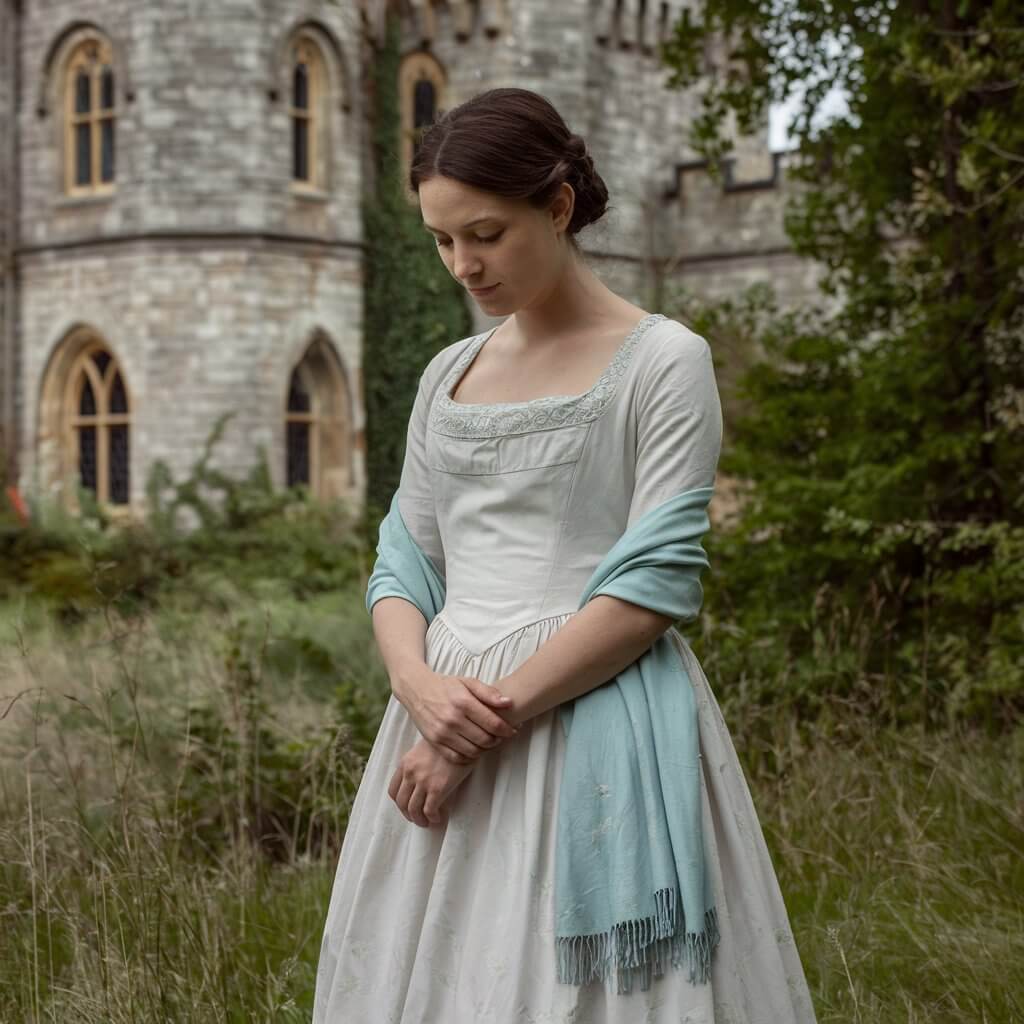 a woman in a white Regency dress with a light blue shawl in front of a castle