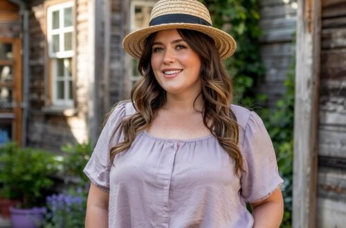 a woman in a plus size outfit of a flowy shirt and jeans with a straw hat