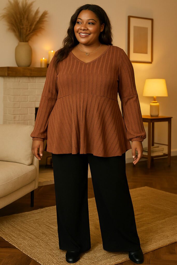 a woman wearing a plus size knit pullover sweater with wide leg pants