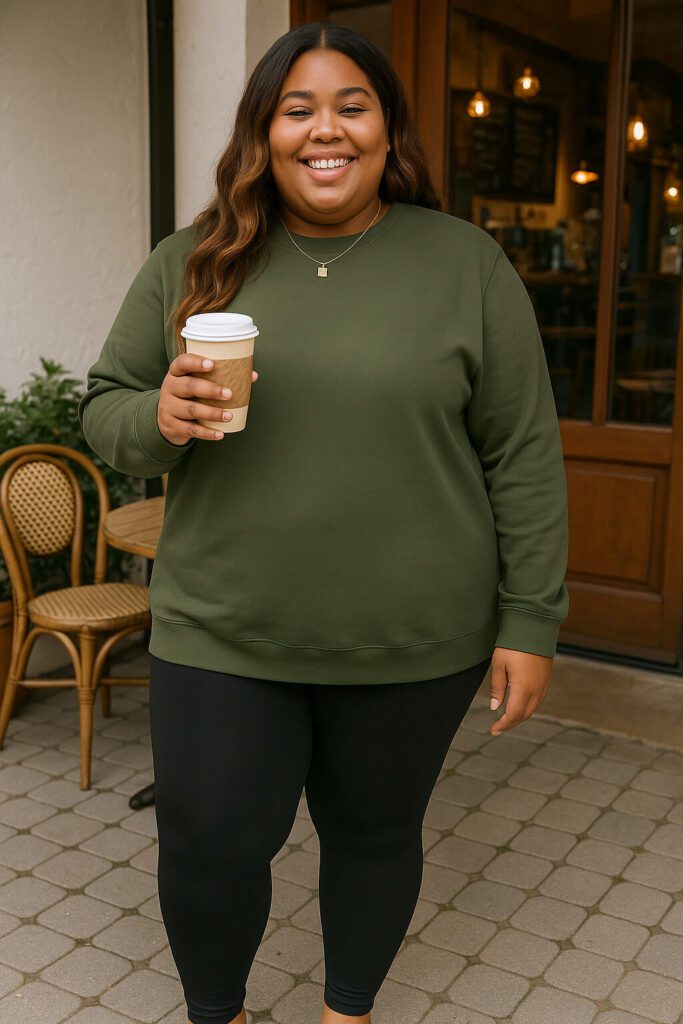 a woman wearing a plus-size green sweatshirt with black high-waisted leggings in a coffee shop