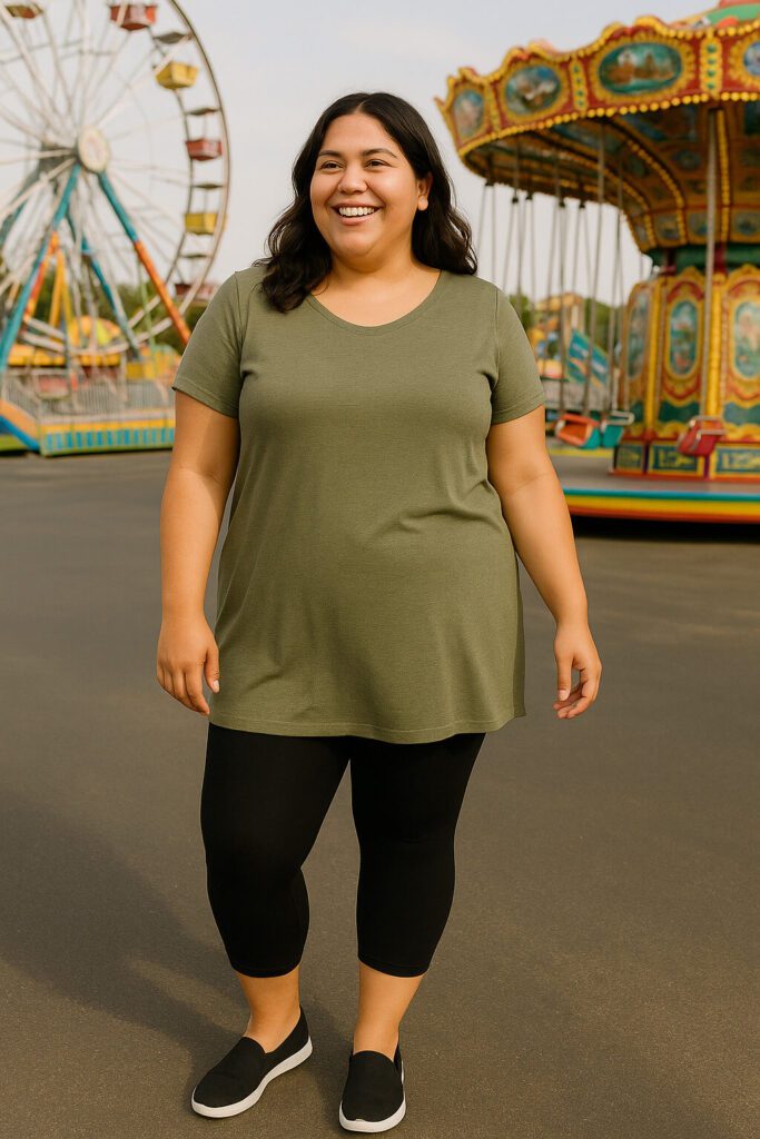 a woman wearing a plus-size gray tunic with black leggings at a carnival