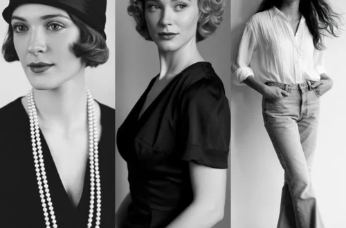 women's fashion from 3 decades, the 1920s, 1950s, and 1970s
