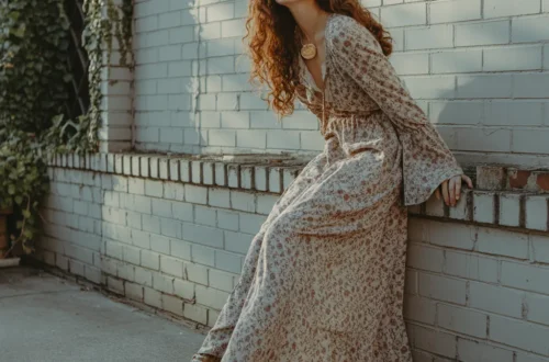 A young woman wearing a 1970s outfit standing next to a white brick wall