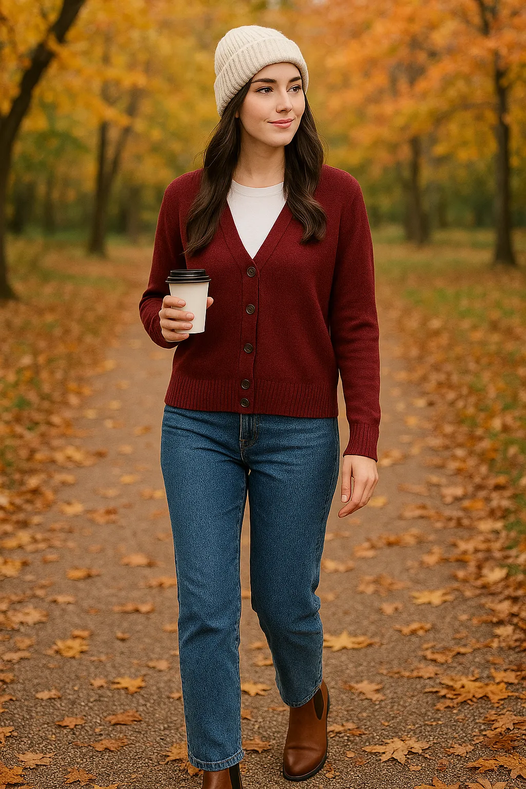 Woman wearing burgundy cardigan, jeans, and beanie holding coffee