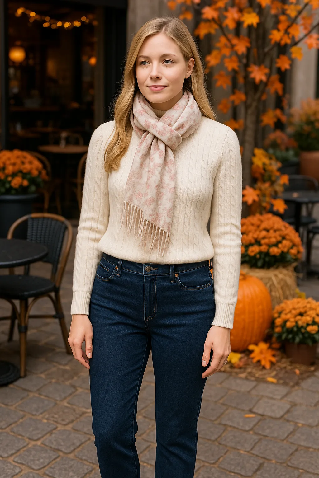 Blonde woman wearing cream sweater and jeans at cafe