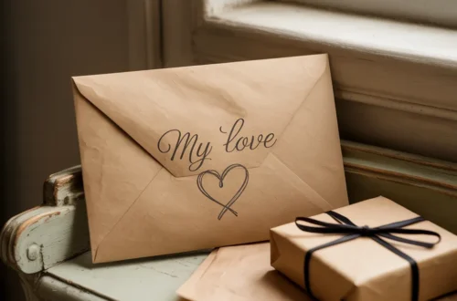 an artistically wrapped anniversary card and gift for a man sitting on a desk