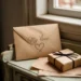 an artistically wrapped anniversary card and gift for a man sitting on a desk