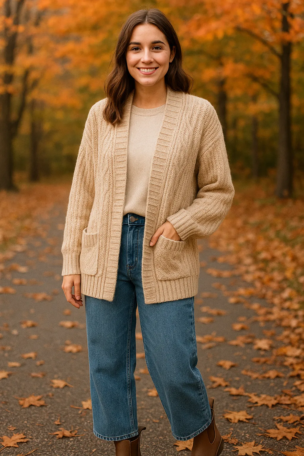 Woman wearing oversized cardigan, wide leg jeans and ankle boots