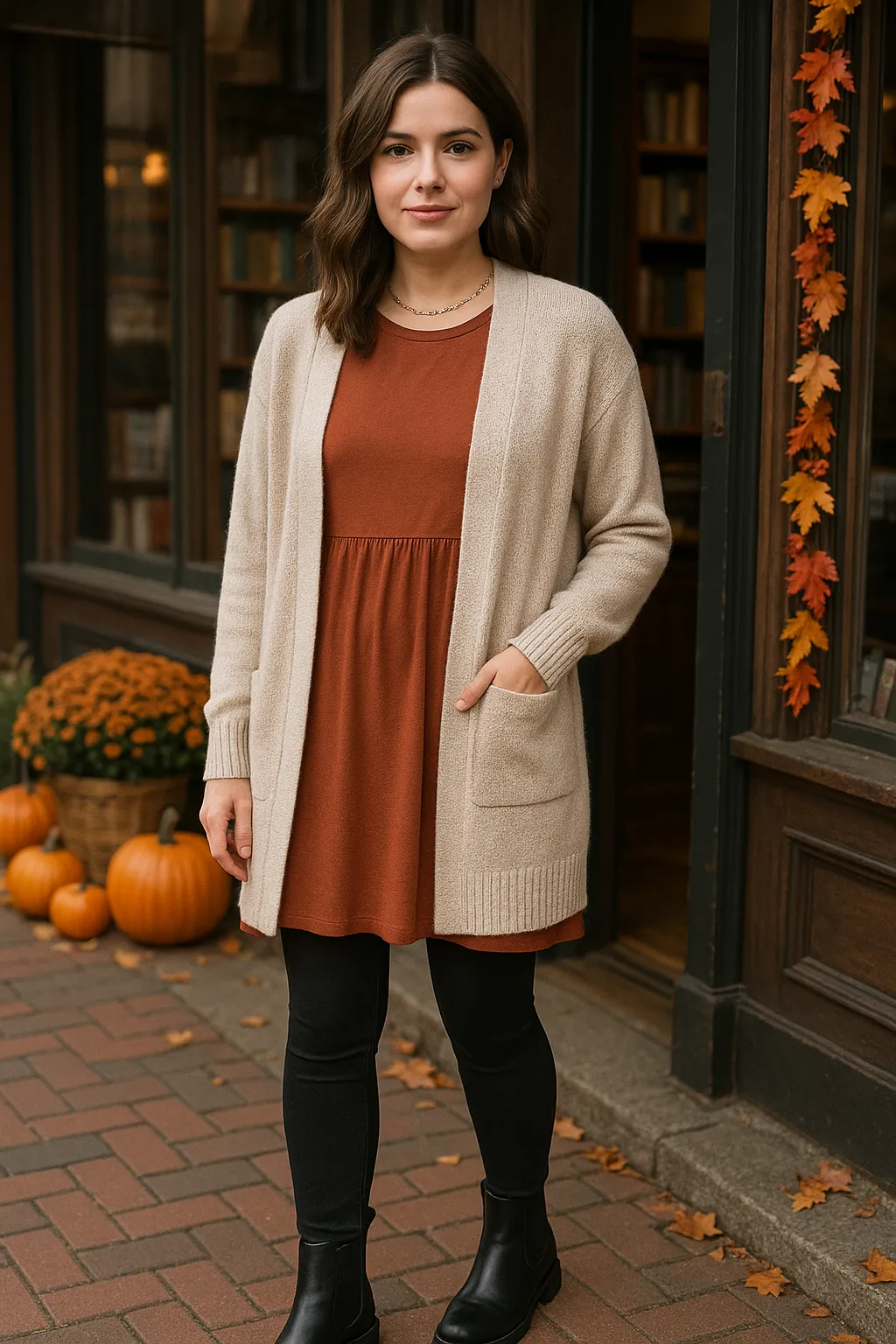 Woman wearing rust dress with cardigan and boots in front of bookstore
