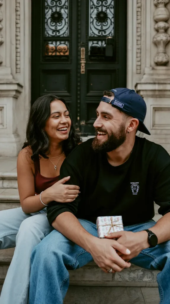 a man and woman sitting on steps with the woman giving a gift to her boyfriend