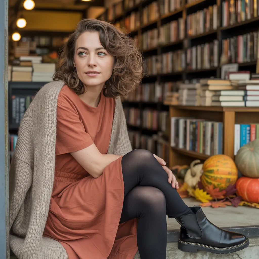 A soft-focus portrait photograph of a woman, aged 25 to 30, with medium-length, gently wavy brown hair framing her face as she gazes slightly off-camera with a thoughtful expression. She is wearing a casual rust-terracotta dress with short sleeves, layered with an open-front beige cardigan, black leggings, and sleek black Chelsea boots, conveying a relaxed yet stylish aesthetic. Behind her, a warmly lit bookstore displays shelves overflowing with books and autumnal decorations like pumpkins and scattered leaves, suggesting a cozy, inviting atmosphere.