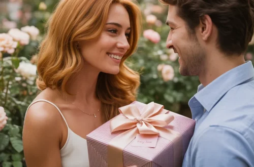 a woman giving a gift to her boyfriend