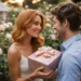 a woman giving a gift to her boyfriend