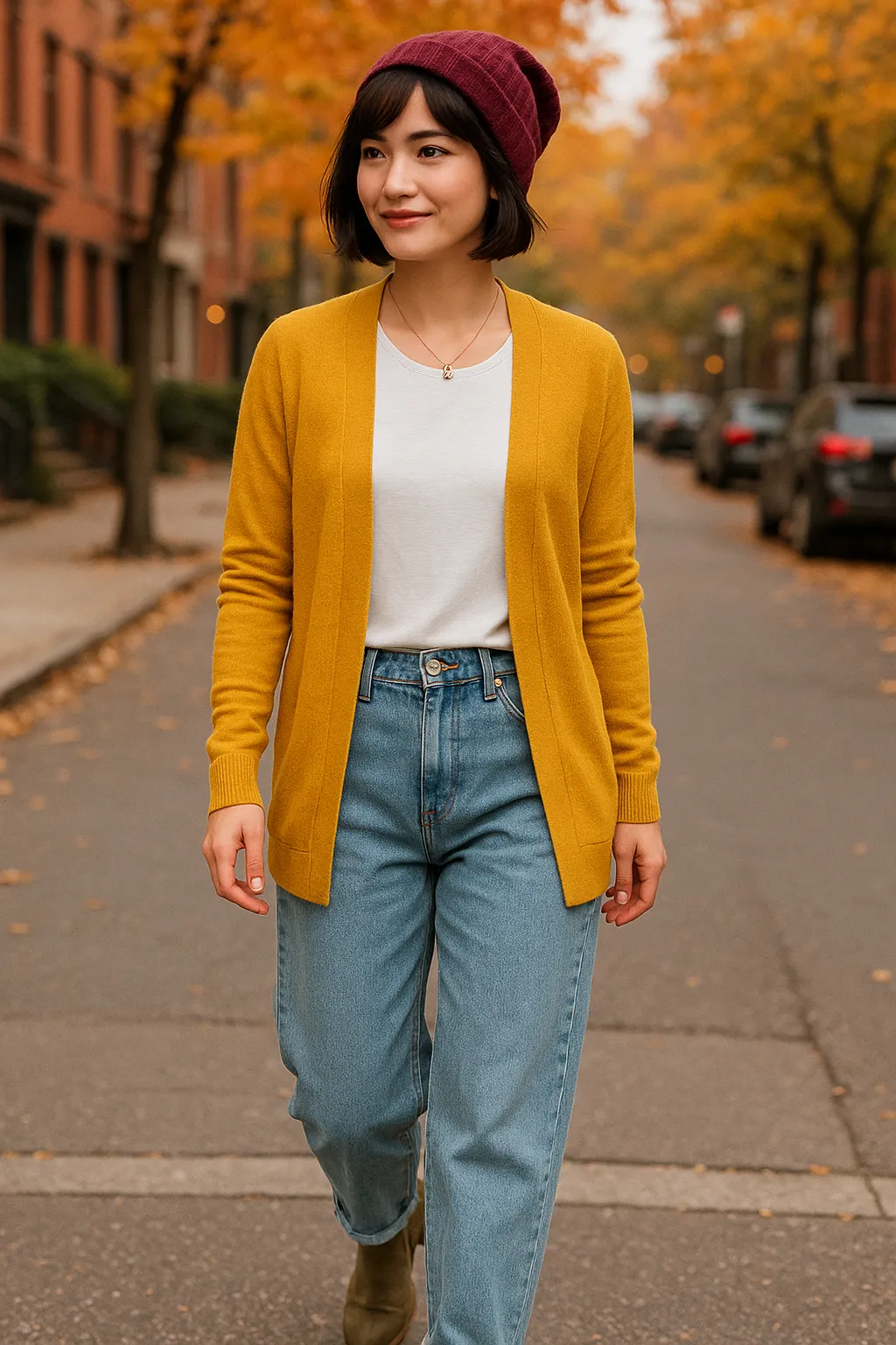 Woman with short black hair wearing mustard cardigan and light jeans