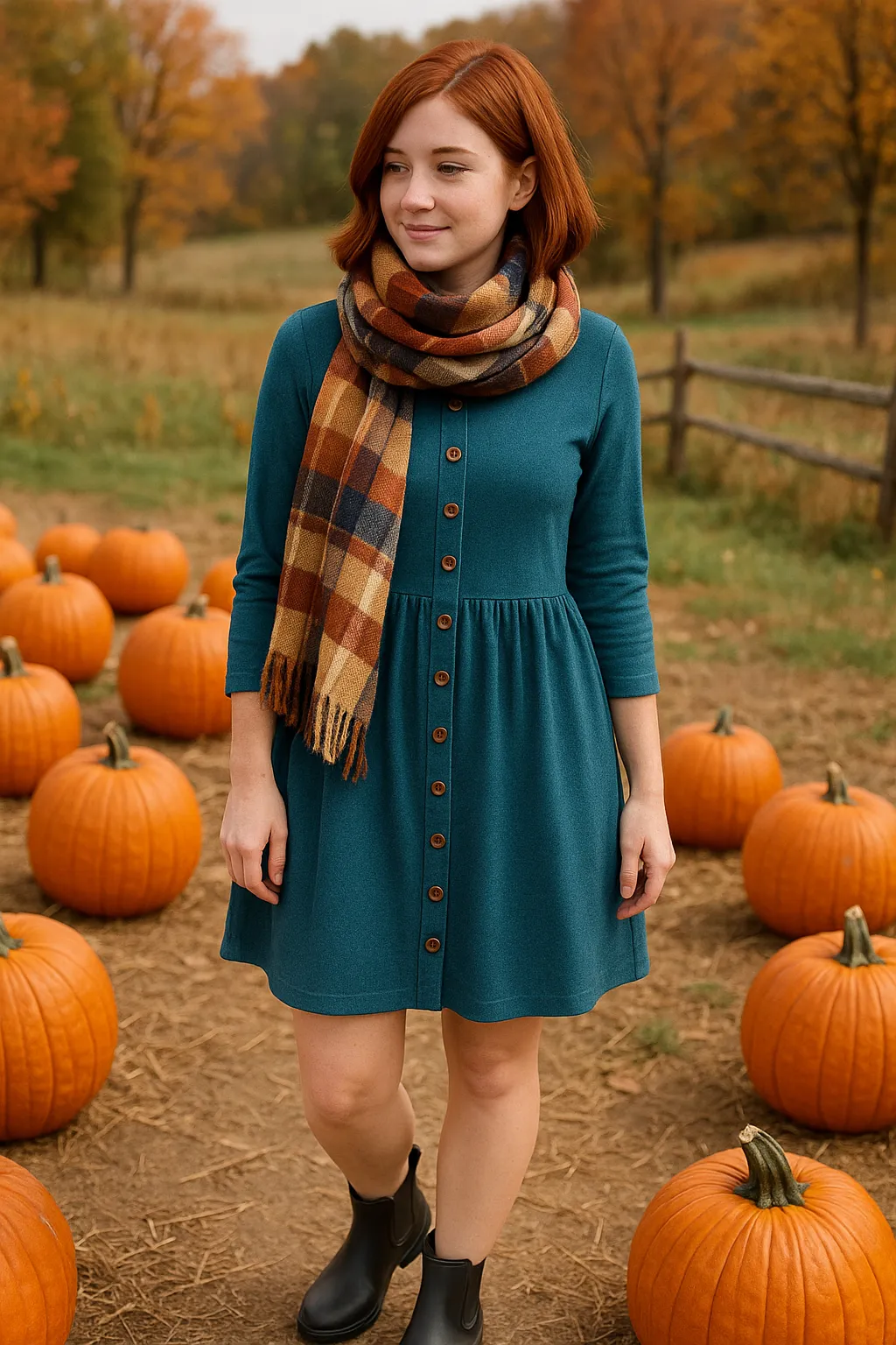 Woman with red hair wearing teal dress with plaid scarf and rain boots