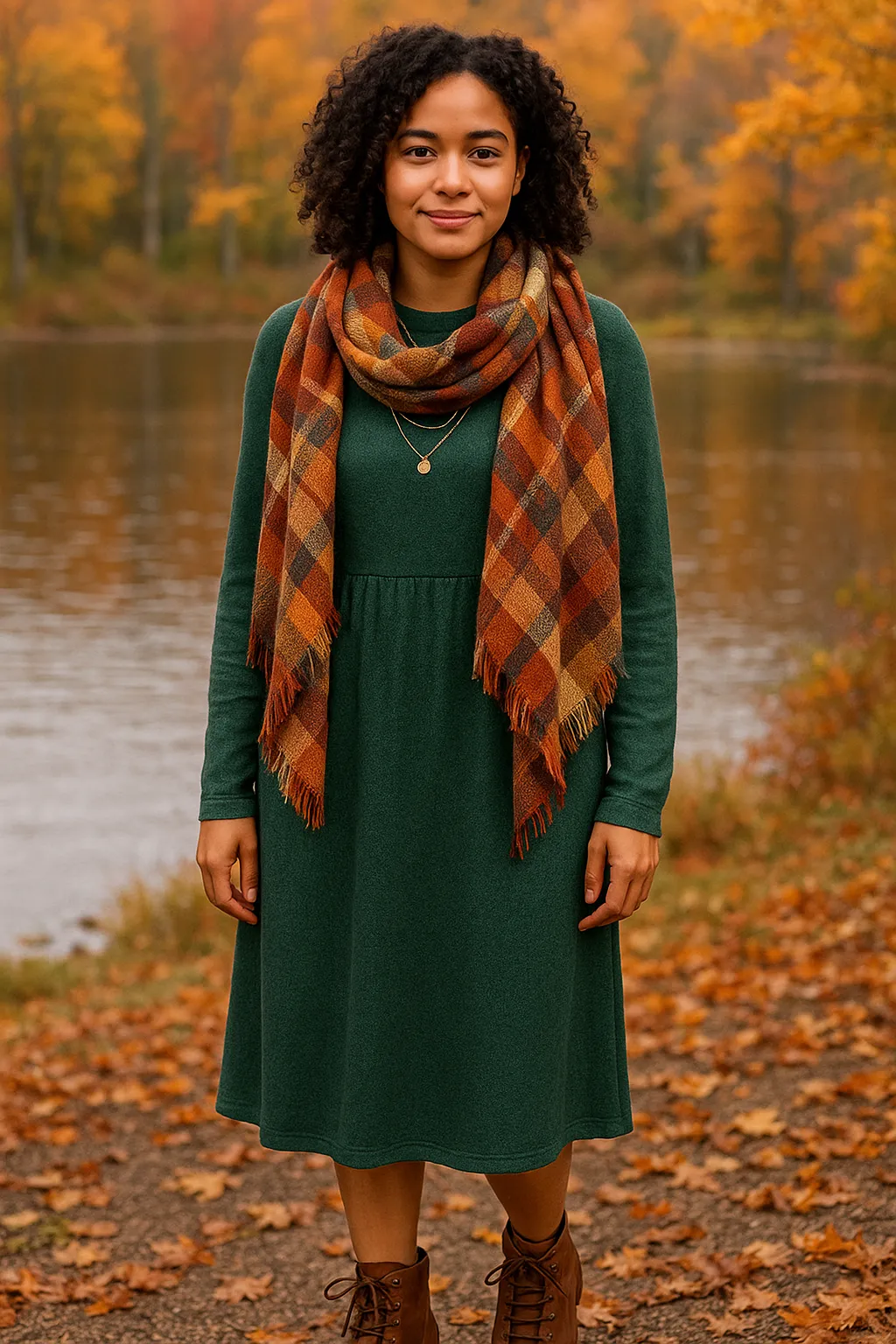 Woman wearing green midi dress with scarf and ankle boots by lake
