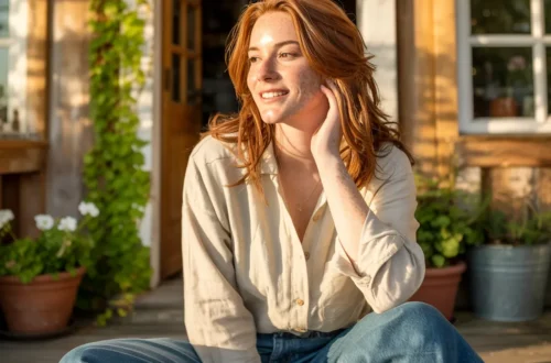a woman wearing a long sleeve shirt and wide leg jeans sitting on porch steps