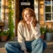 a woman wearing a long sleeve shirt and wide leg jeans sitting on porch steps