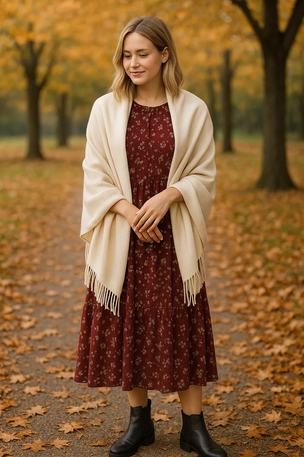 Woman wearing floral midi dress, chelsea boots and pashmina shawl