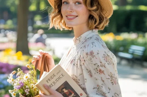 A woman wearing a white floral dress, straw hat holding a woven tote and a book in a sunny park.