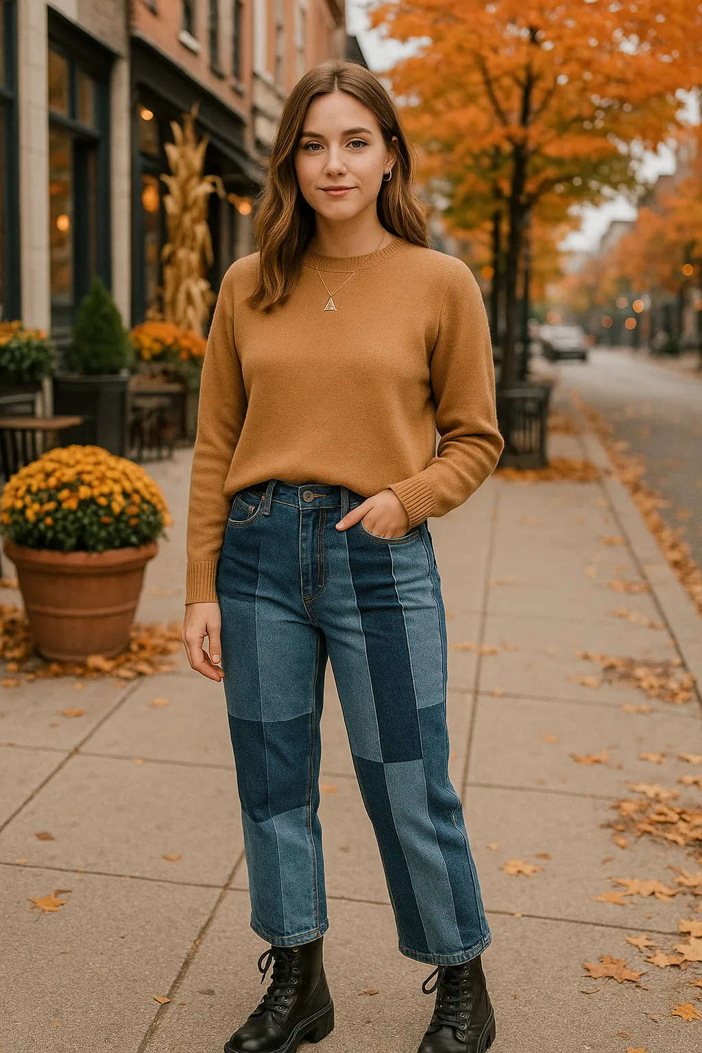 Woman wearing tan sweater, patchwork jeans and combat boots