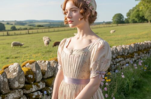a woman wearing a floral Regency dress with a bonnet standing by a stone wall