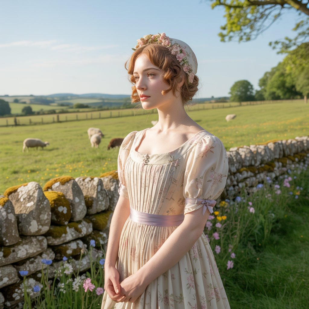 a woman wearing a floral Regency dress with a bonnet standing by a stone wall