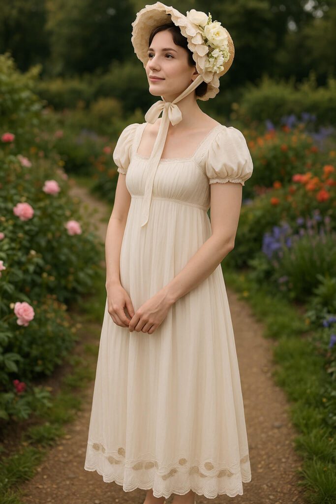 a woman in a flower garden wearing a Regency era white dress and straw bonnet