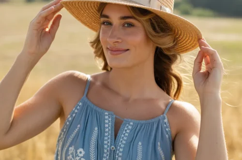 woman in a boho sleeveless dress with a wide brimmed straw hat