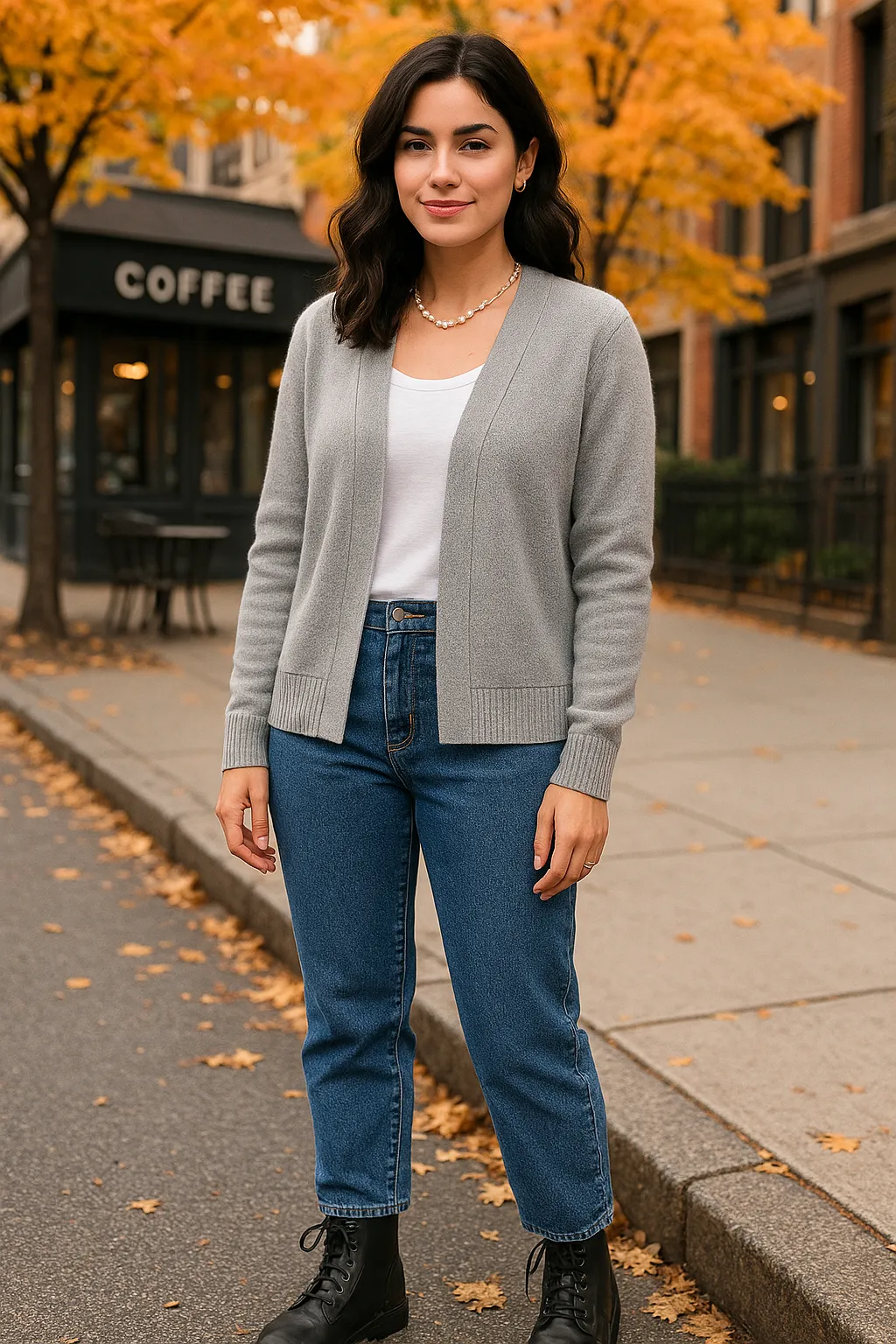 Woman wearing gray cardigan, jeans and combat boots