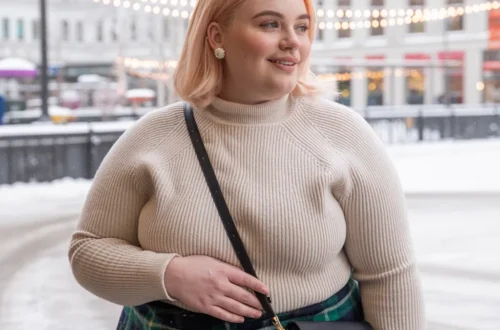 close up of a 25-year-old plus size white woman with soft blonde hair smiles gently, looking off to one side. She wears a cream ribbed turtleneck sweater tucked into a navy and green plaid wool skirt, thick black tights, black ankle boots, and a small black crossbody bag. She accessorizes with pearl stud earrings. The background is a brightly lit snowy city plaza decorated with string lights.