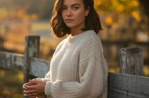 a woman in a sweater and jeans leaning against a wooden fence in the fall