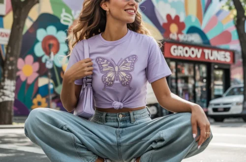 A bright, colorful street scene shows a 25-year-old white woman with long, wavy brown hair, smiling and looking off to the side. She wears a cropped lavender baby tee with a sparkly butterfly graphic, super baggy light-wash low-rise jeans, chunky white sneakers, and a tiny lavender shoulder bag. Her hair is styled with pastel butterfly clips, and she sports small oval sunglasses. The background features vivid mural art and leafy street trees, creating a vibrant, cheery Y2K vibe.