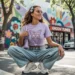 A bright, colorful street scene shows a 25-year-old white woman with long, wavy brown hair, smiling and looking off to the side. She wears a cropped lavender baby tee with a sparkly butterfly graphic, super baggy light-wash low-rise jeans, chunky white sneakers, and a tiny lavender shoulder bag. Her hair is styled with pastel butterfly clips, and she sports small oval sunglasses. The background features vivid mural art and leafy street trees, creating a vibrant, cheery Y2K vibe.